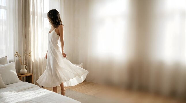Elegant woman in white slip dress dancing in a sunlit bedroom interior