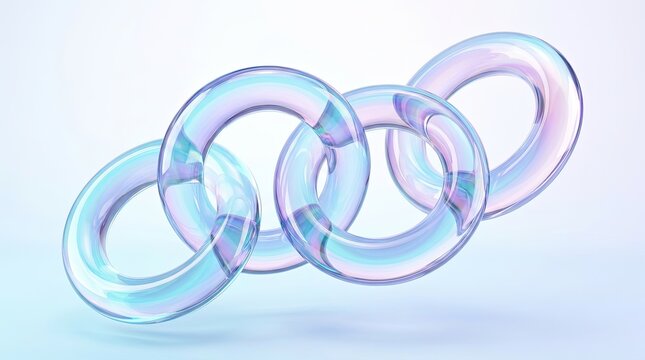 Interlocking iridescent glass rings floating in minimal white space with soft pearl colors.