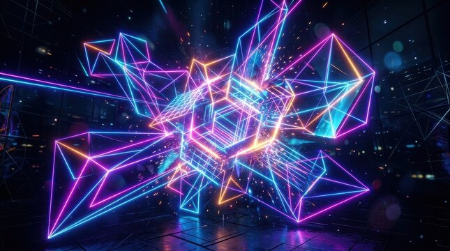Abstract Geometric Neon Structure Exploding with Digital Light Particles