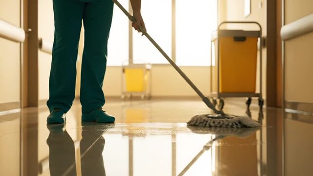 Cleaning staff mopping hospital floor.