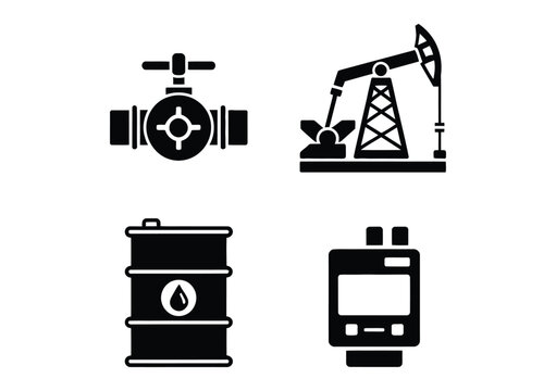 Industrial oil equipment silhouette set featuring pumps tanks and meters for petroleum engineering and energy infrastructure vector design