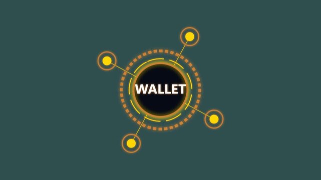Digital wallet technology concept with rotating glowing circles on a dark background.