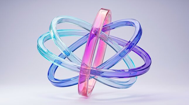 Abstract rendering of five interlocked vibrant iridescent glass rings against bright background.