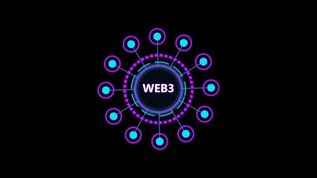 web3 decentralized network concept with neon glowing hud interface on dark background