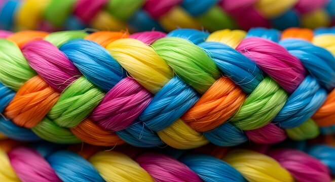 Multicolored braided rope creates a vibrant and tight weave pattern suitable for heavy duty applications.