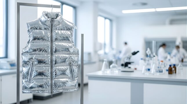 Silver puffer vest hanging on a rack inside a blurred modern laboratory