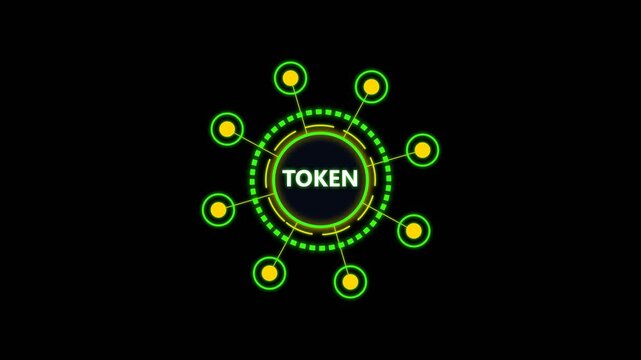 Digital token symbol glowing green and yellow hud interface element on black background