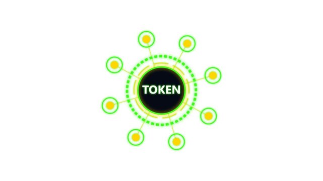 Digital token network hub concept with glowing green nodes and connections on white.