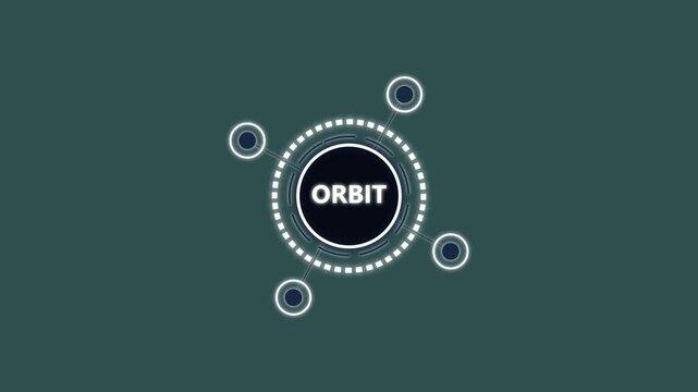 digital orbit interface with rotating circles and glowing dots on a dark background.