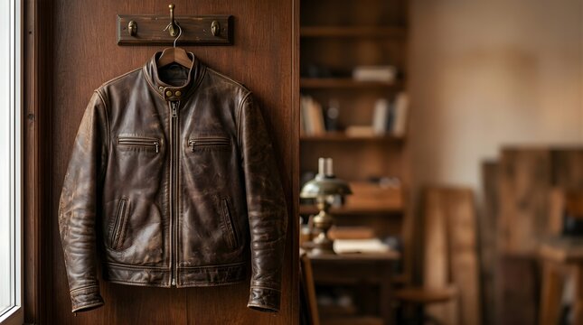 Vintage brown leather jacket hanging on a wooden wall in a rustic study