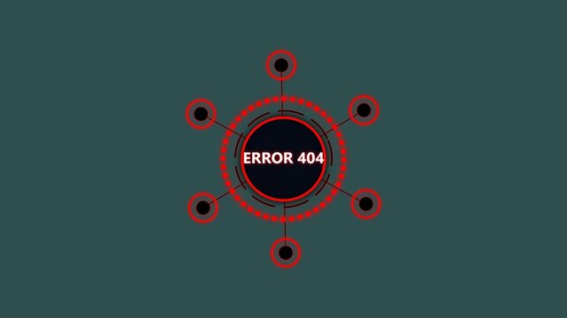 Error 404 page not found graphics with a red digital interface on a dark background.