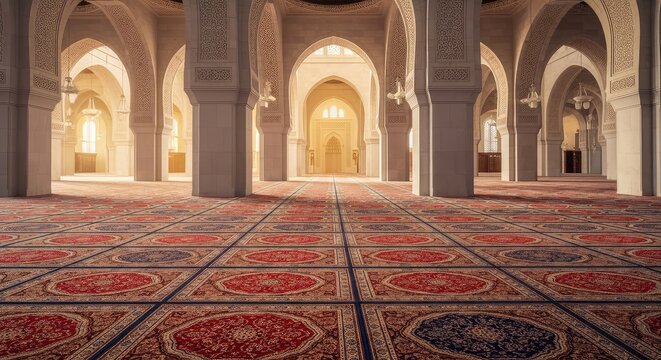 Elegant interior of a mosque building featuring rows of patterned prayer mats under grand arches with warm glowing light during holy month, dome, interior, design
