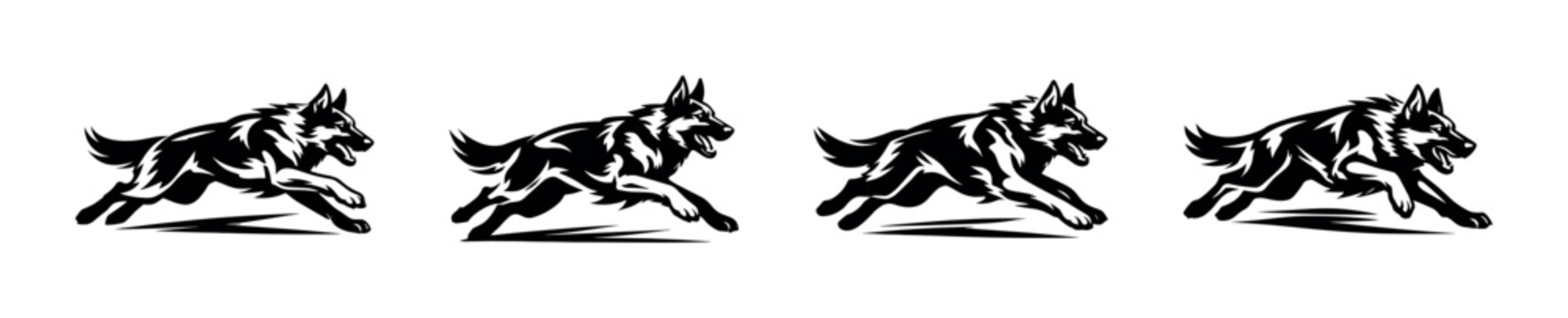 Dynamic black and white illustration of four running German Shepherd dogs in motion
