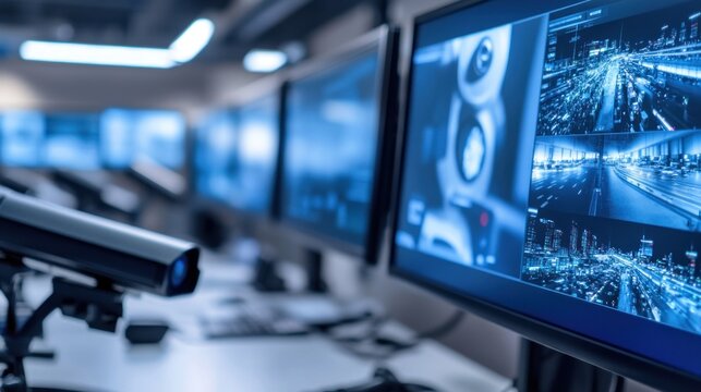Security control room with multiple monitors displaying surveillance footage