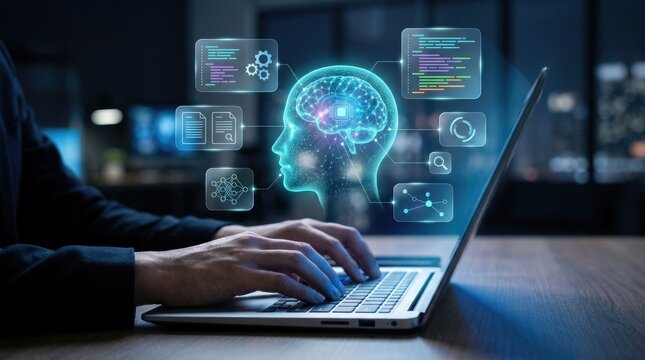 Person using laptop with artificial intelligence brain hologram interface.