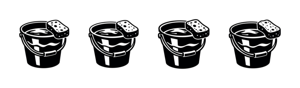 Row of buckets filled with water and sponges for cleaning tasks