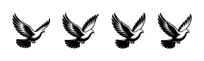 Fototapeta premium Four identical black and white silhouette pigeons flying in a row