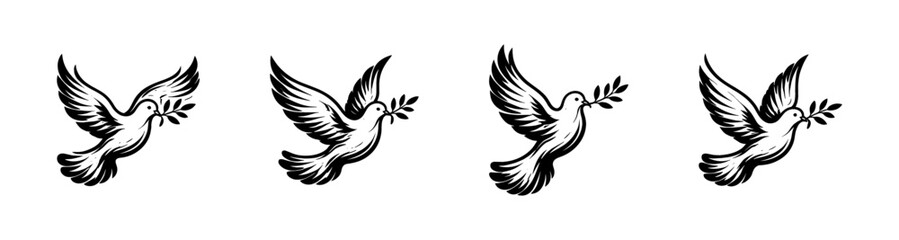 Obraz premium Four stylized doves carrying olive branches in flight, symbolizing peace and hope