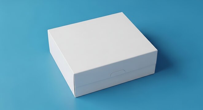 Blank white square cardboard cake box mockup on a blue background, perfect for product packaging design and branding