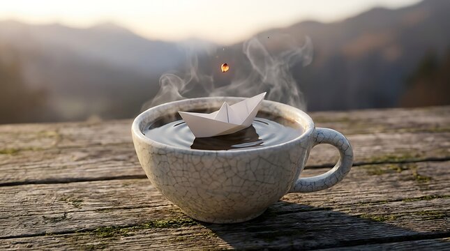 Cangkir kopi panas dengan perahu kertas mengapung di permukaan sebagai simbol inspirasi dan kreativitas di pagi hari