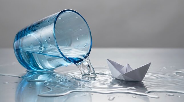 Gelas Biru Tumpah dengan Air Mengalir dan Perahu Kertas Putih di Permukaan Basah Konsep Kreatif dan Segar