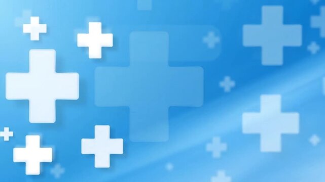 Medical plus symbols floating on blue background as a clean motion graphic for healthcare and pharmaceutical brand identity projects
