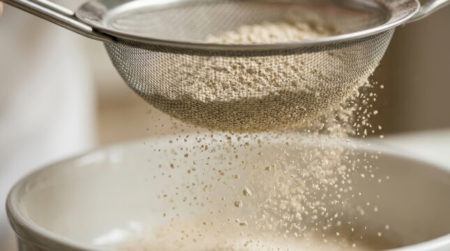 Fine Flour Being Sifted Through a Metal Mesh Sieve for Baking Preparation