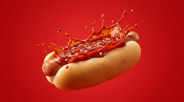 Hotdog lezat dengan sosis dan saus tomat segar yang meledak, cocok untuk camilan cepat dan santai di berbagai suasana