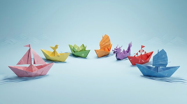 Koleksi kapal dan perahu origami warna-warni dengan berbagai bentuk kreatif melambangkan keragaman dan kreativitas konsep bisnis dan seni