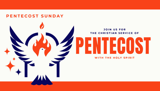 Pentecost sunday banner with dove in flame. Invitation the christian service of pentecost with Holy Spirit and text. Vector illustration