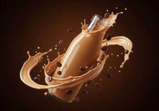 Coffee splash from bottle with coffee beans on brown background