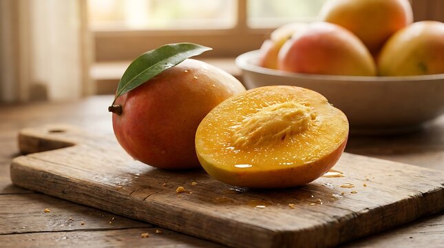 Mangga segar dengan daun hijau di atas talenan kayu terpotong setengah memperlihatkan tekstur daging buah manis di dapur dengan cahaya alami