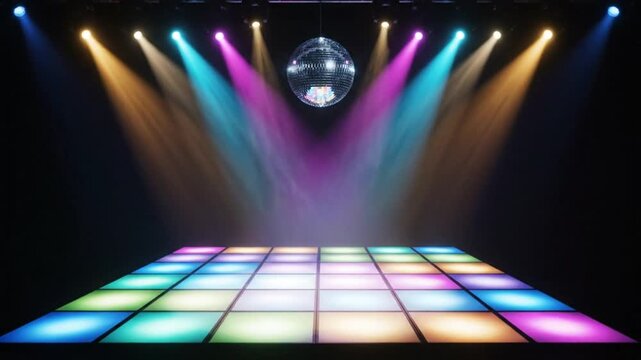 Disco stage with lights and mirrored ball.