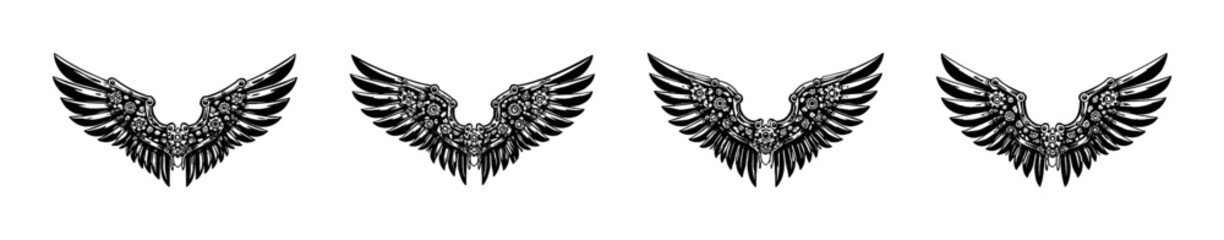 Obraz premium Intricate mechanical wings design with gears and feathers in black and white