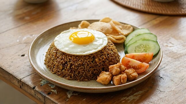 Nasi goreng lengkap dengan telur ceplok, irisan mentimun, tomat, ayam goreng dan kerupuk di piring menarik untuk makan siang atau malam