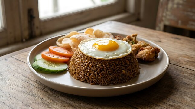 Nasi goreng lengkap dengan telur mata sapi, ayam goreng, kerupuk, dan irisan tomat serta mentimun di piring putih di atas meja kayu dekat jendela