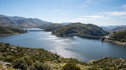 Fototapeta premium Vast Mountain Reservoir Dam System Under Bright Sunlight with Glinting Water and Rolling Hills