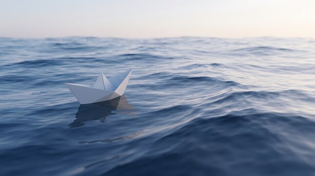 Perahu Kertas Mengapung di Atas Ombak Laut Tenang Saat Senja dengan Suasana Damai dan Luas