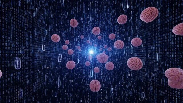Brains float in a digital space of binary code radiating blue light from the center