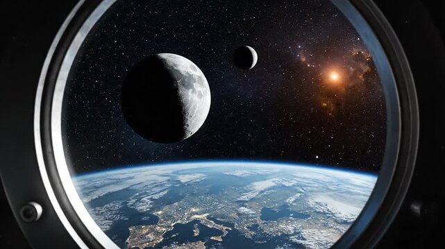 Earth with Moon, and and stars view from space window.