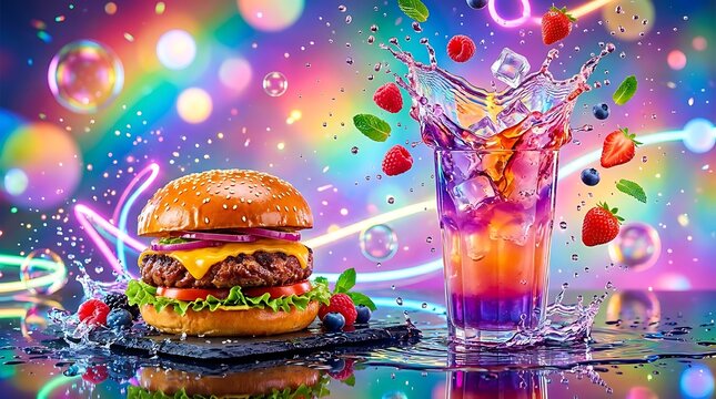 Burger keju lezat dengan sayur segar dan minuman berwarna cerah dengan buah dan es, suasana modern penuh warna yang menggugah selera