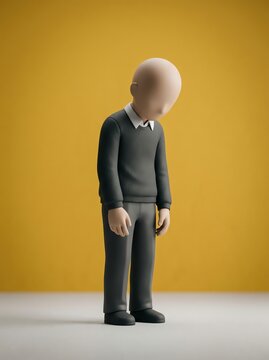 Sad Faceless Figure in Sweater and Trousers, Yellow Background, Minimalist Concept