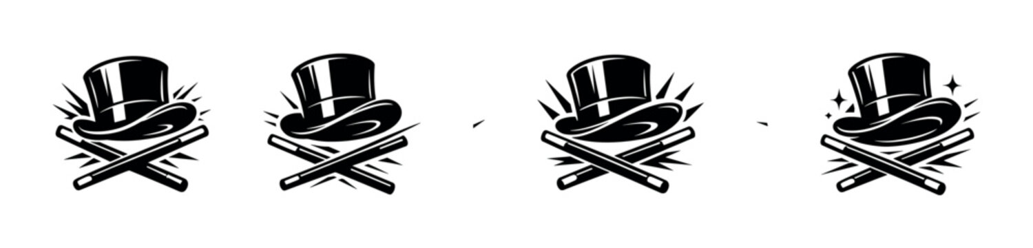 Classic magic hat and wands icon set for illusion and performance