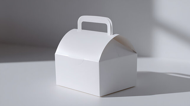 Minimalist white gable box with handle and soft shadows, perfect for product display, gift packaging, or a clean graphic design element on light background