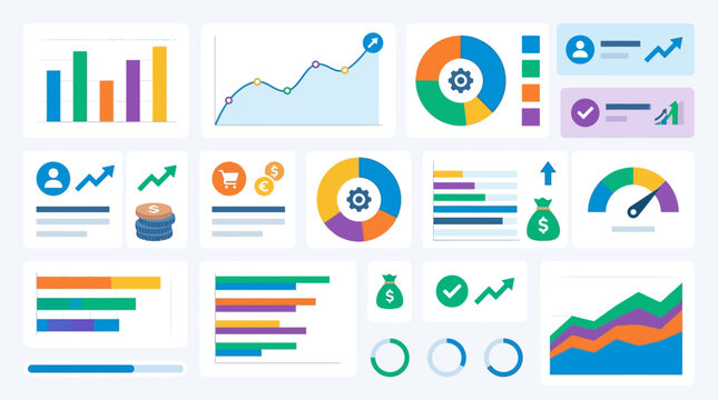 Colorful business data analysis charts graphs.
