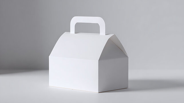 Minimalist white cardboard package with handle on a light gray background, clean design for product presentation or gift box template, side view