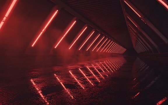 Futuristic red neon lit tunnel with wet reflective floor and atmospheric smoke creating a dramatic and immersive sci-fi environment with geometric architecture and repeating light patterns