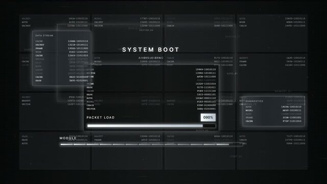 Futuristic HUD System Boot Interface with Digital Data Loading