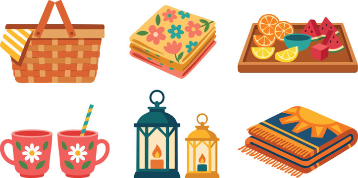 Colorful picnic basket with floral napkins fruit tray and lanterns vector art