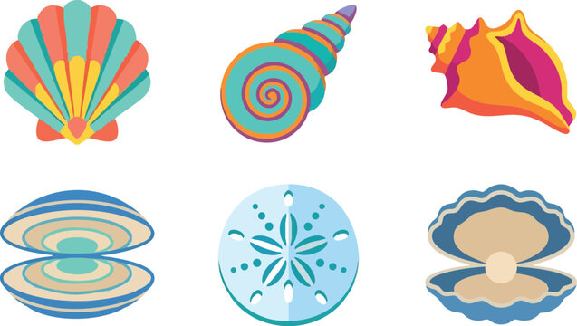 Colorful seashell and pearl clam vector art set of six marine shell shapes